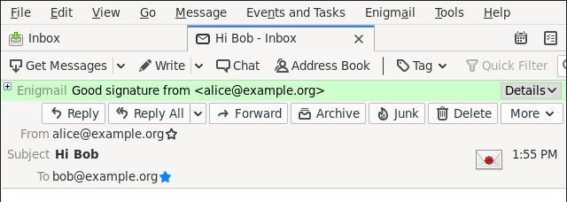 Thunderbird/Enigmail showing an authenticated signature